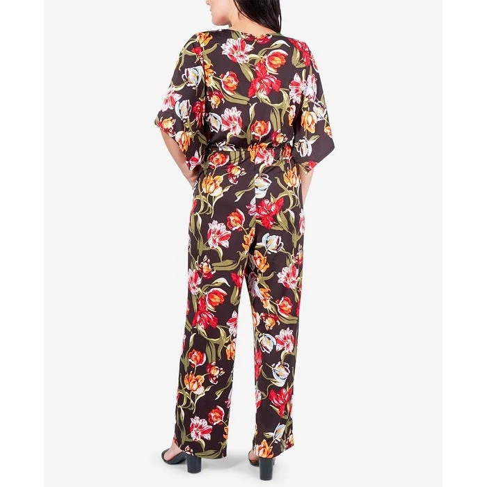 Ny Collection Women's Floral Angel Sleeve Jumpsuit Red Size Small