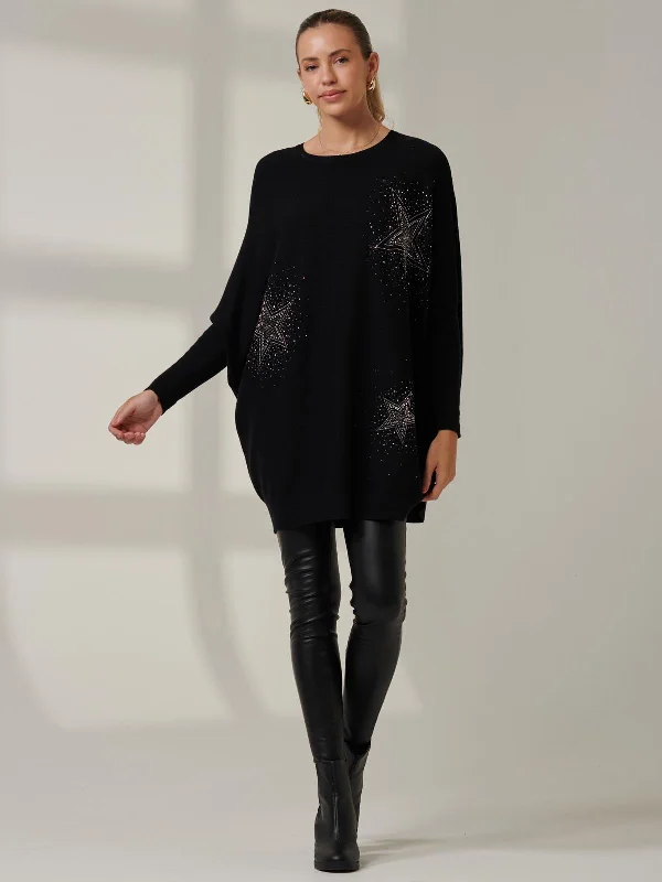 Rhinestone Sparkle Star Knit Jumper, Black