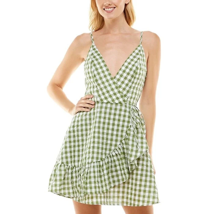 Speechless Junior's Gingham Cotton Faux-Wrap Dress Green Size Xl