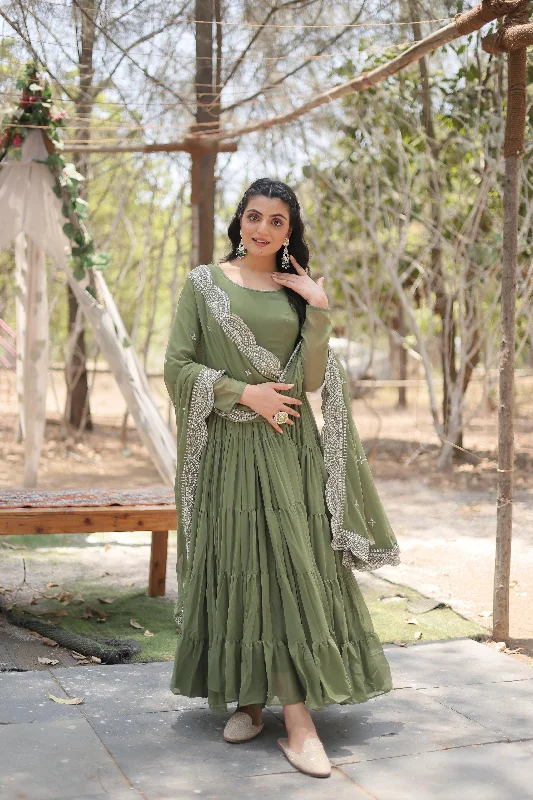 Green Fully Flared Gown with Designer Embroidered Dupatta