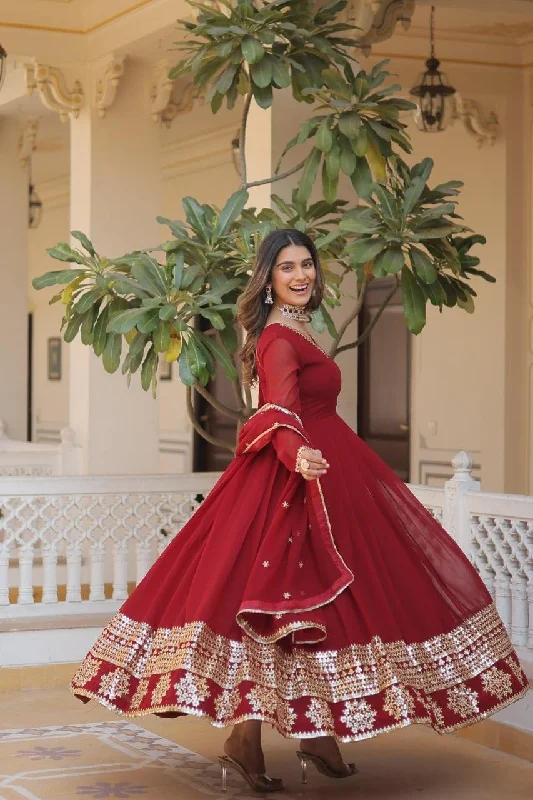 Maroon Color Blooming Gown with Dupatta and Attractive Embroidered Sequins Work