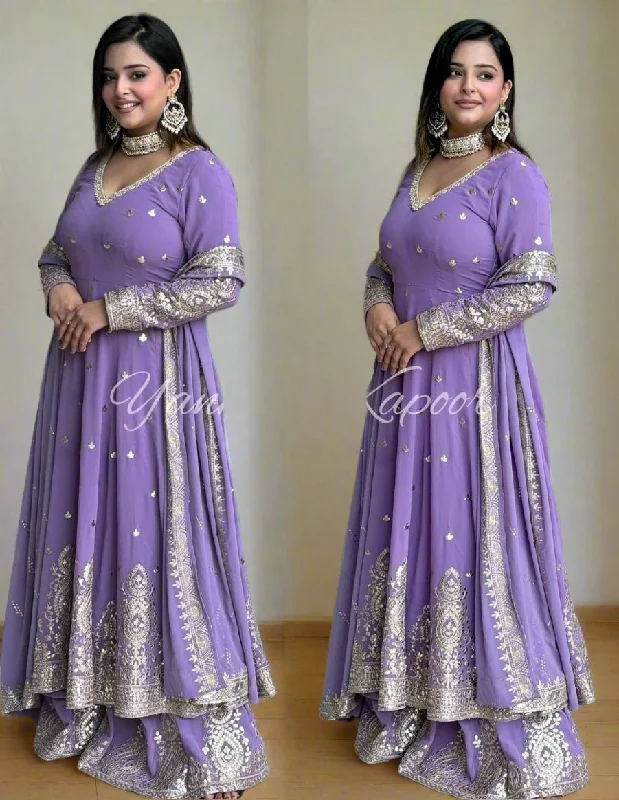 Lavendar Embroidered Georgette Gown with Palazzo and Dupatta Set