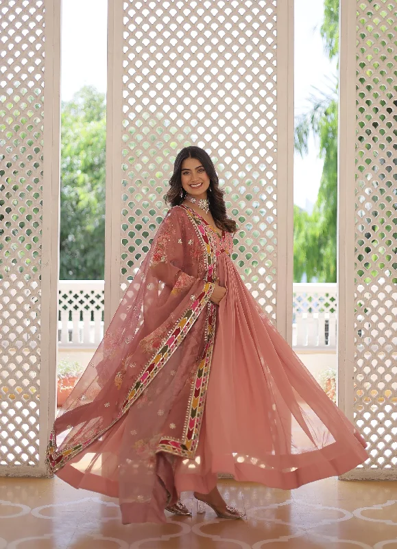 Peach Color Premium Readymade Alia Cut Gown with Dupatta Set