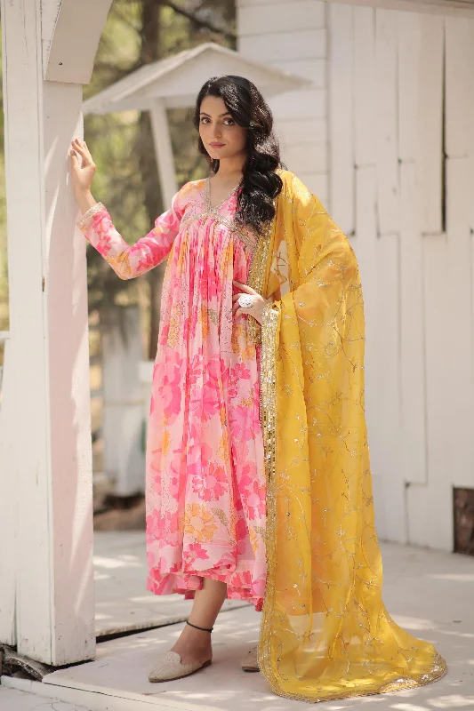 Pink Floral Premium Readymade Alia Cut Gown with Dupatta Set