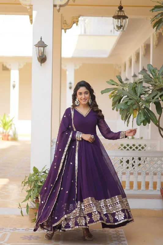 Purple Color Blooming Gown with Dupatta and Attractive Embroidered Sequins Work