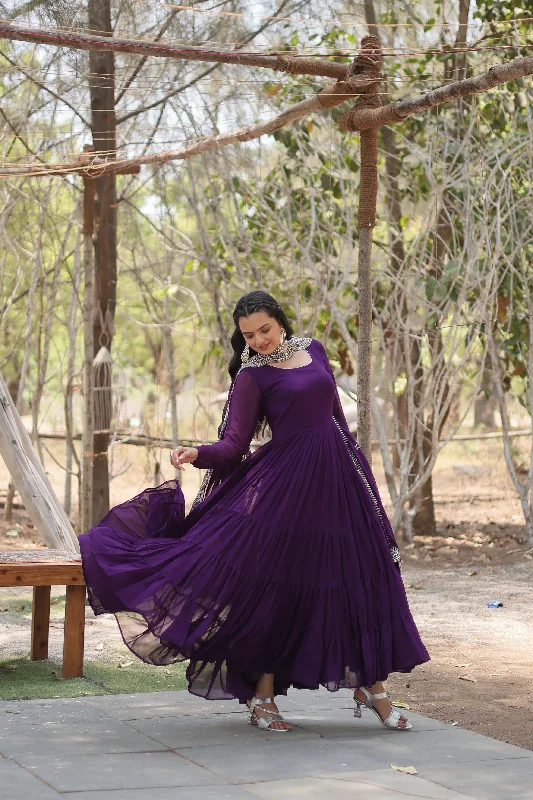 Rich Purple Fully Flared Gown with Designer Embroidered Dupatta