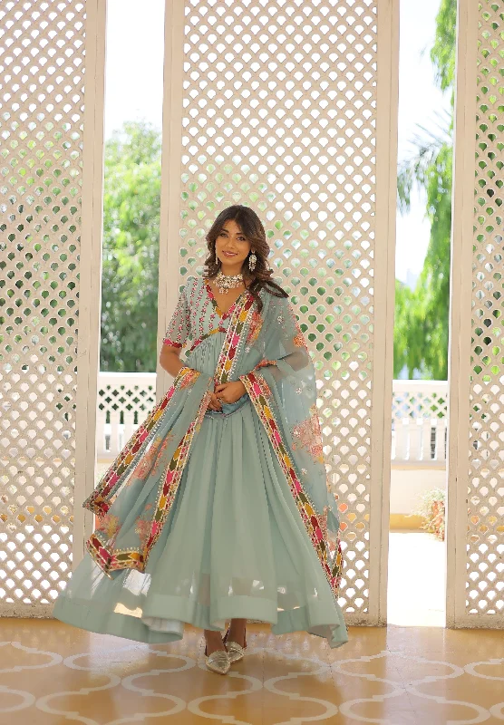 Sky Blue Color Premium Readymade Alia Cut Gown with Dupatta Set